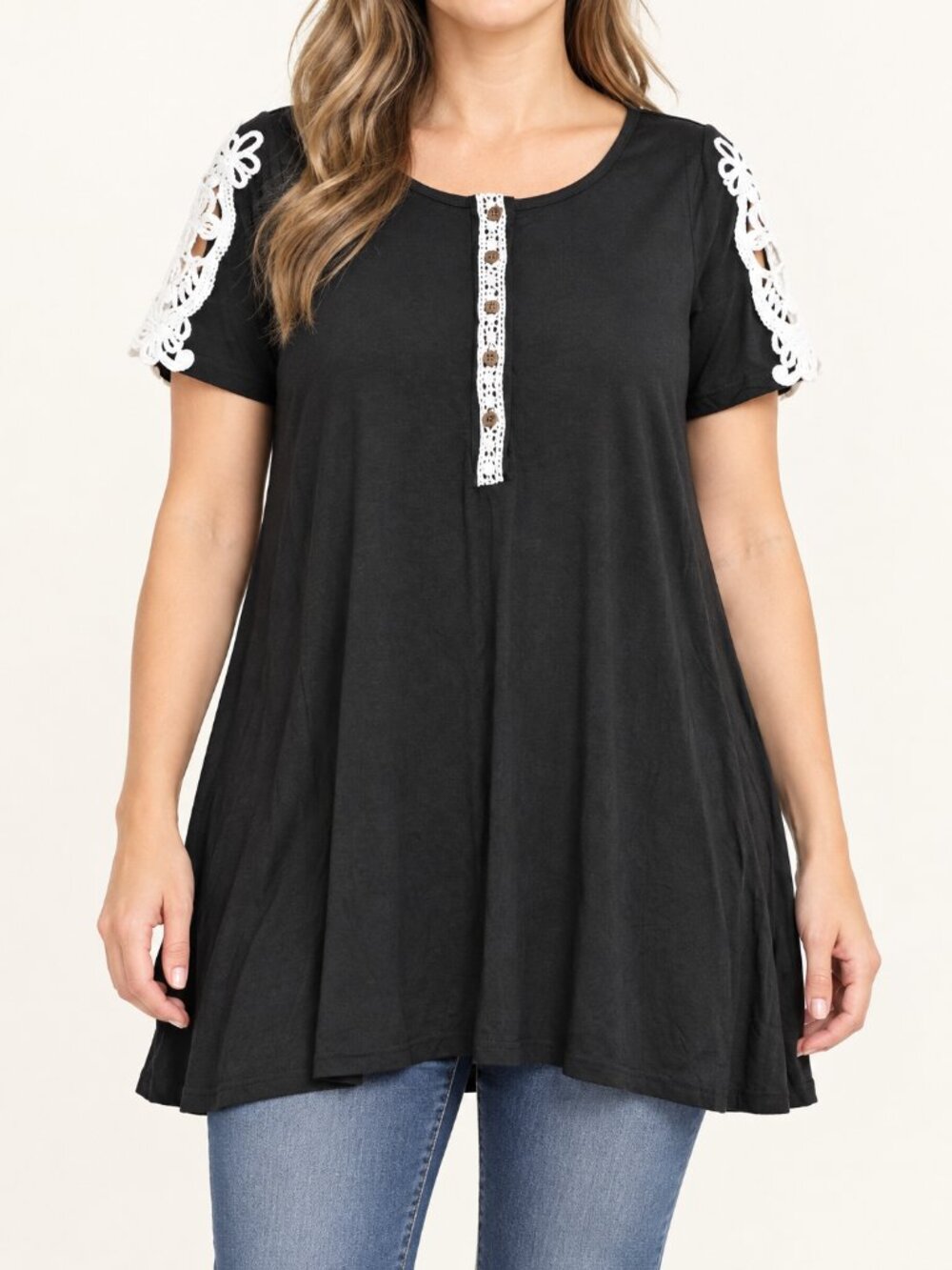 Amaryllis Black Crochet Lace Tunic Top Size Small